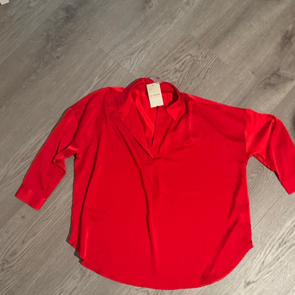 eesome Bright Red Satin V-Neck Blouse